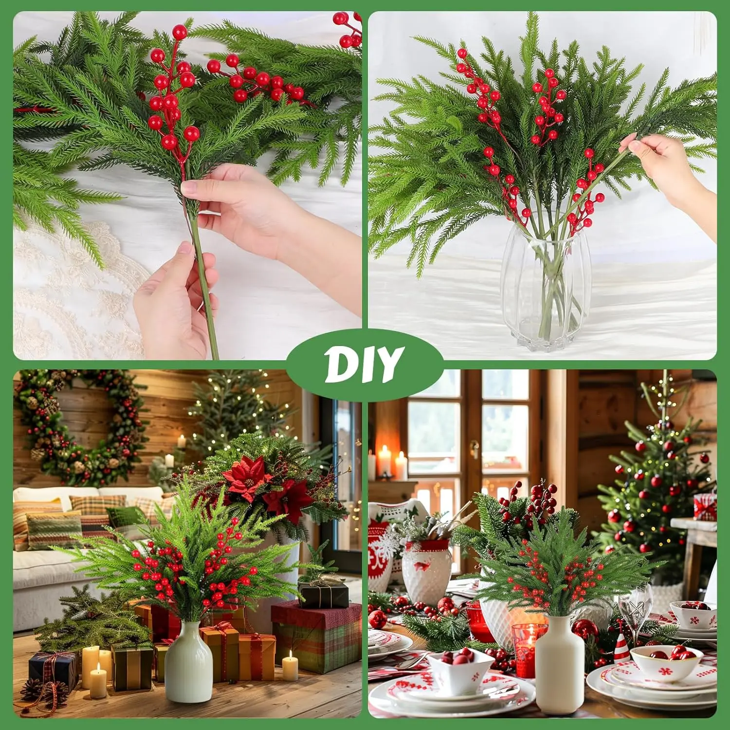 

35pcs Christmas Norfolk Pine Branches with 10pcs Red Berry Stems Holly Berries Xmas DIY Craft for Christmas Wreath Garland Decor