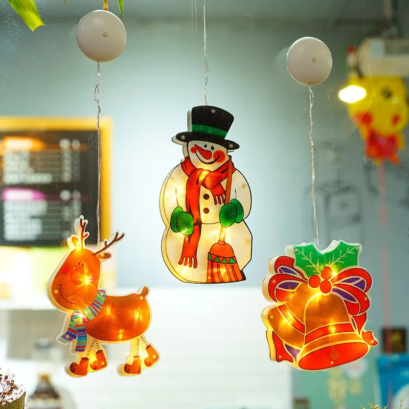 LED Sucção Cup Hanging Light, Santa Deer, Window Display Decoração, Pendant Lamp, Party Home Showcase Iluminação, 3pcs