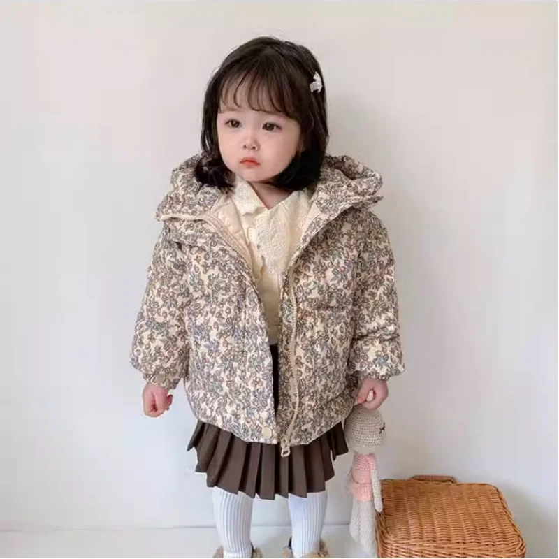 Girls' Cotton Jacket Winter New Style Children's Baby Thick Warm Broken Flower Hooded Cotton Coat