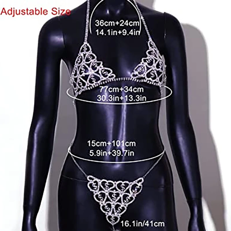 Conjunto de sutiã de cristal e tanga para meninas, biquíni sexy, boate Prom Body Chain, calcinha strass, corpo oco de jóias