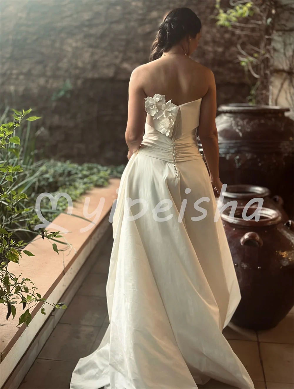 Ivory Charming Gentle Charmeuse Handmade Flower Button Bow Strapless A-line Women's Floor-Length For Wedding Party Customized