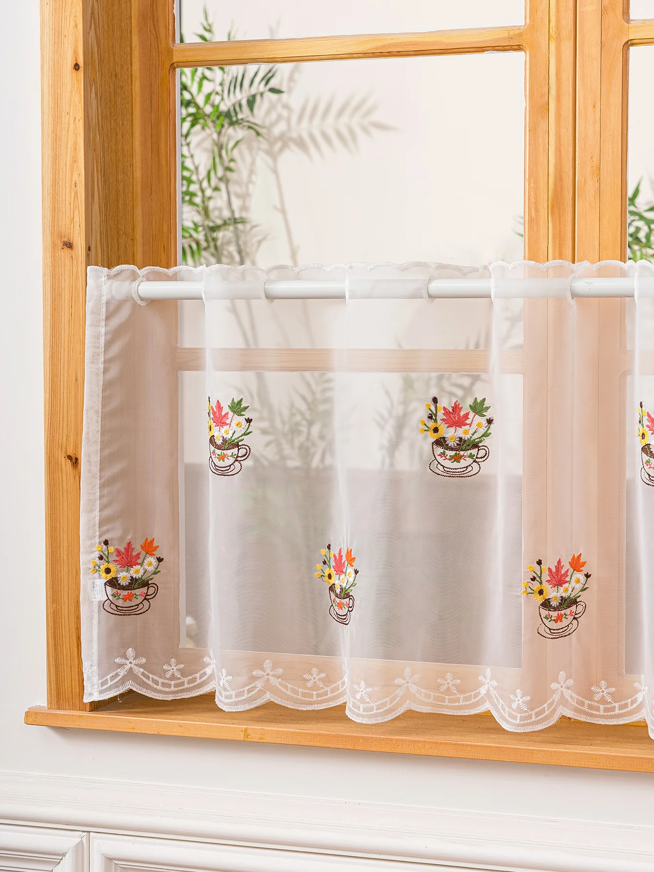 Teacup Floral Embroidered Sheer Cafe Curtain, Rod Pocket Short Kitchen Valance, Light Filtering Window Curtain