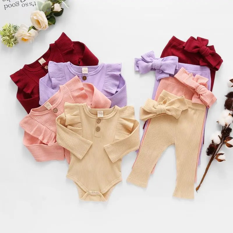 Solid Color Spring Autumn Baby Children Ruffled Fly-sleeved One-piece Romper Trousers And Headband Three-piece Suit