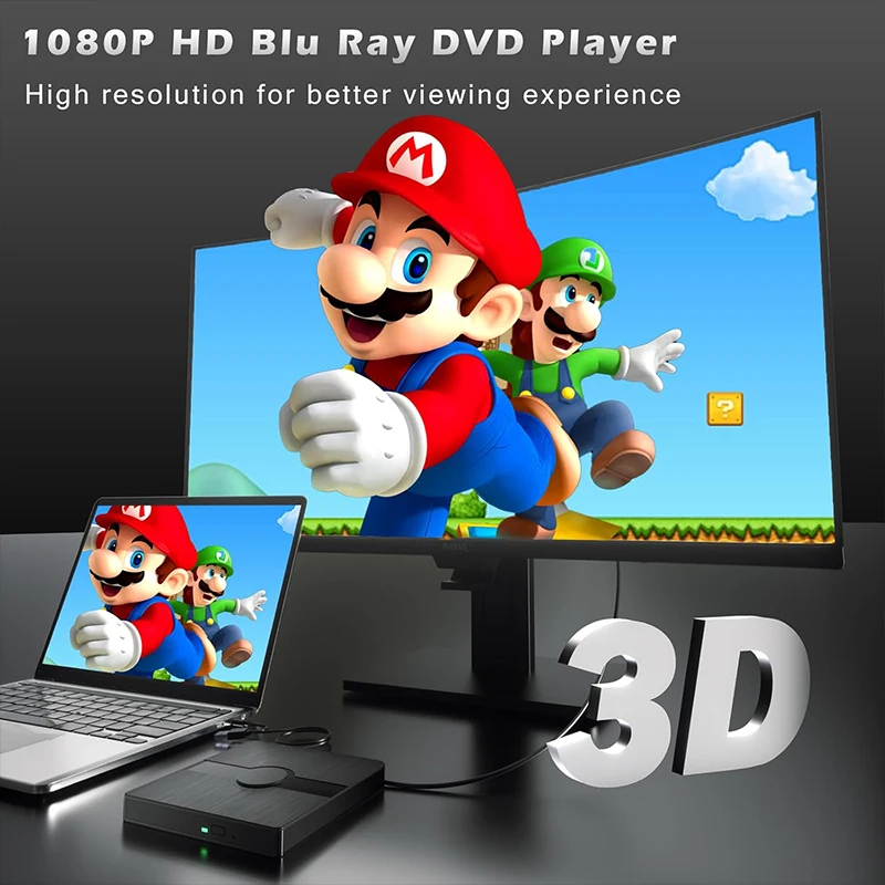 Eksternal Blu Ray Drive untuk Laptop PC CD DVD pemutar baca/tulis portabel 3D Blu Ray Drive kompatibel dengan Win 11/10 Mac OS