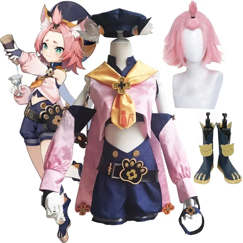 

Короткие розовые парики 32 см, обувь, ботинки для женщин, игра на Хэллоуин, Genshin Impact Diona, карнавальный костюм, аниме, наряды, платье, униформа