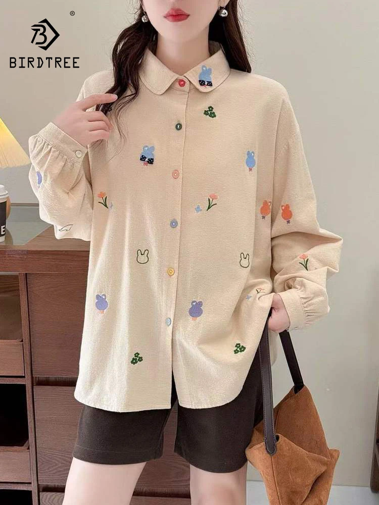 

Новинка 2025, осенняя хлопковая рубашка с длинными рукавами, матовая рубашка, женская милая вышивка с лацканами, свободная блузка Mori Girl French Sweet Chic T5N452CC