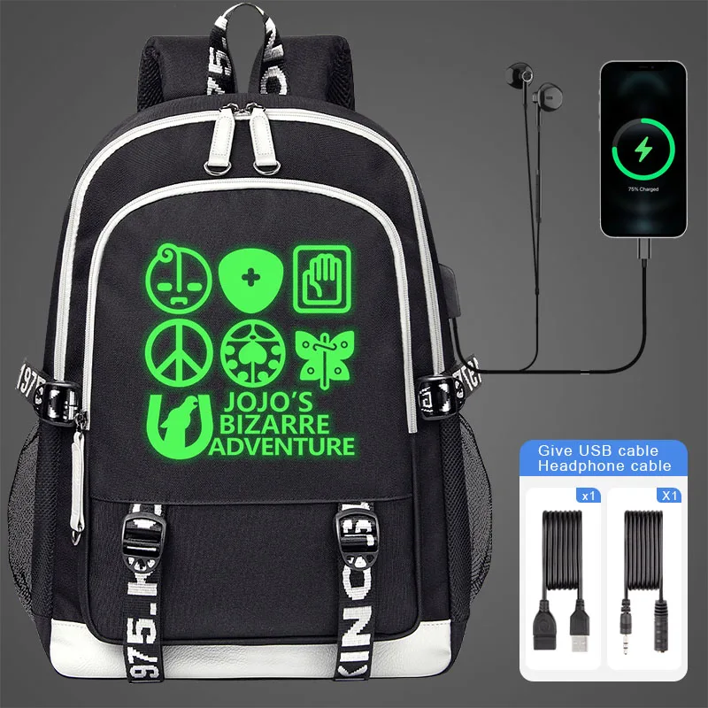 جوجو مغامرة غريبة مضيئة الحقائب المدرسية المراهقين USB شحن الكمبيوتر المحمول على ظهره الصبي طالب حقيبة كتب Mochila حقيبة سفر