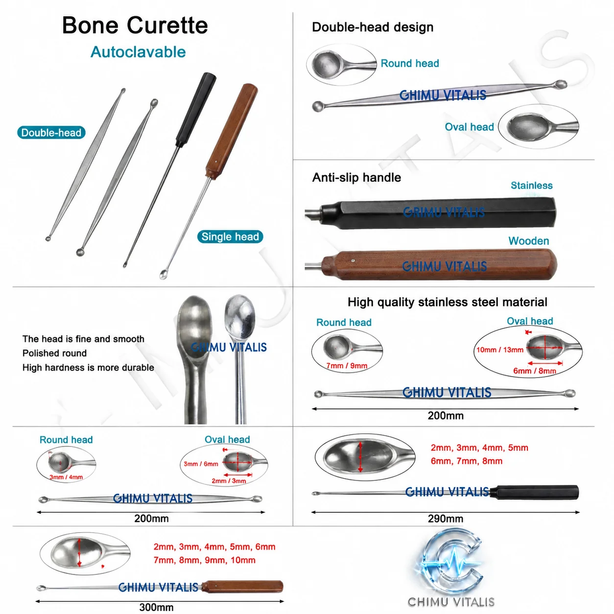 【CHIMU VITALIS】Bone Curette Spoon Instrument, Stainless Steel, Multiple Tip Sizes