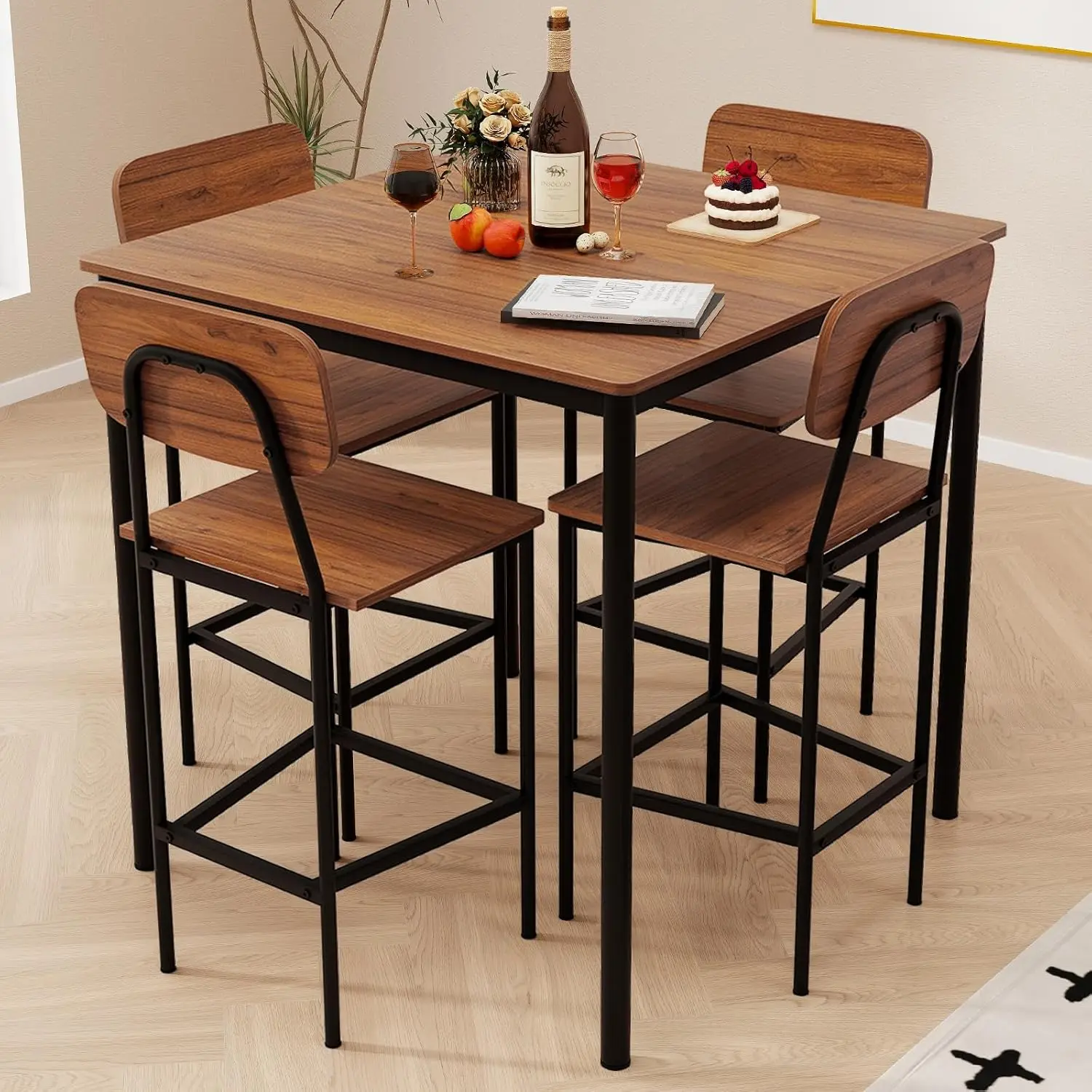 

5-Piece Counter Height Dining Table Set, Industrial Kitchen Table and Chairs for 4, Space-Saving Dinette Set with, Customized