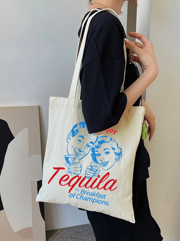 1pc Enjoy Tequila Letter Pattern Tote Bag Shopping Bag Carrier Bag Vintage Casual Canvas Shoulder Bag Handbag Shopping Gift Bag