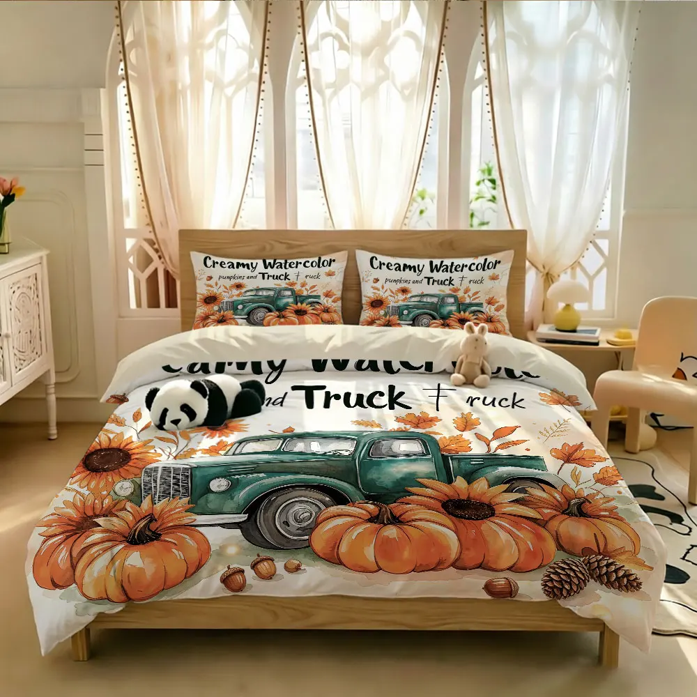 3pcs retro truck pumpkin sunflower duvet covers soft material coreless one duvet cover two pillowcases bedroom machine wash