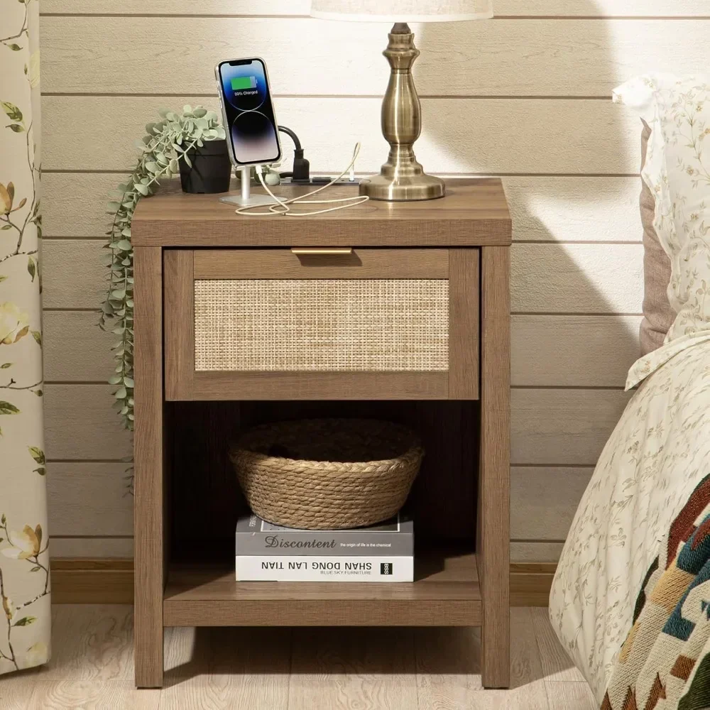 Rattan Nightstand Set of 2, Farmhouse Night Stands with Charging Station Bedside Table with Drawer, Boho End Table with USB