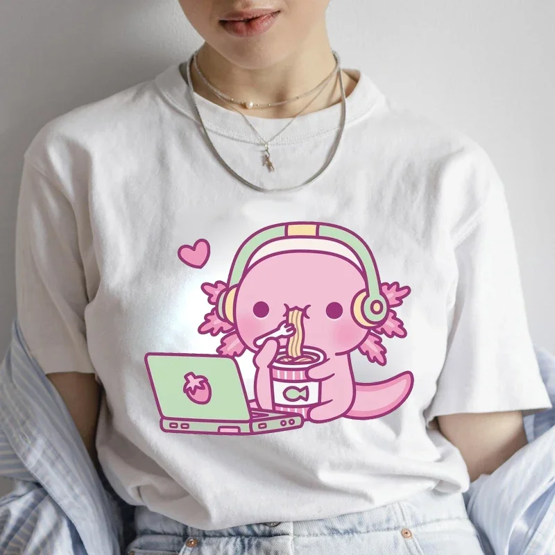 Women's Clothing Cartoon Cute Axolotl Loves Instant Noodles Anime T Shirts Casual Fashion TShirts Summer Vintage Women T-Shirts