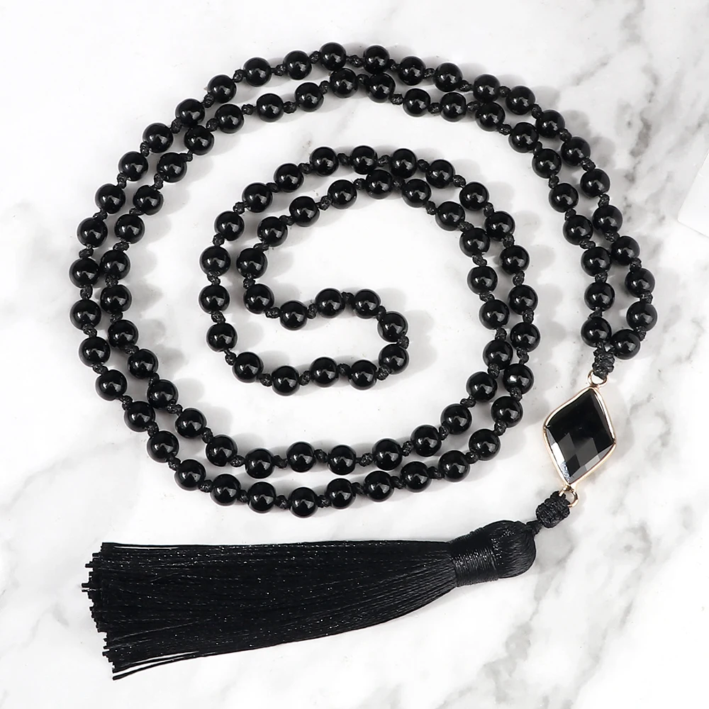 Vintage 108 Mala Beads Necklace Women 6 8mm Black Stone Wax Rope Handmade Knotted Men Meditation Yoga Blessing Rosary Jewelry