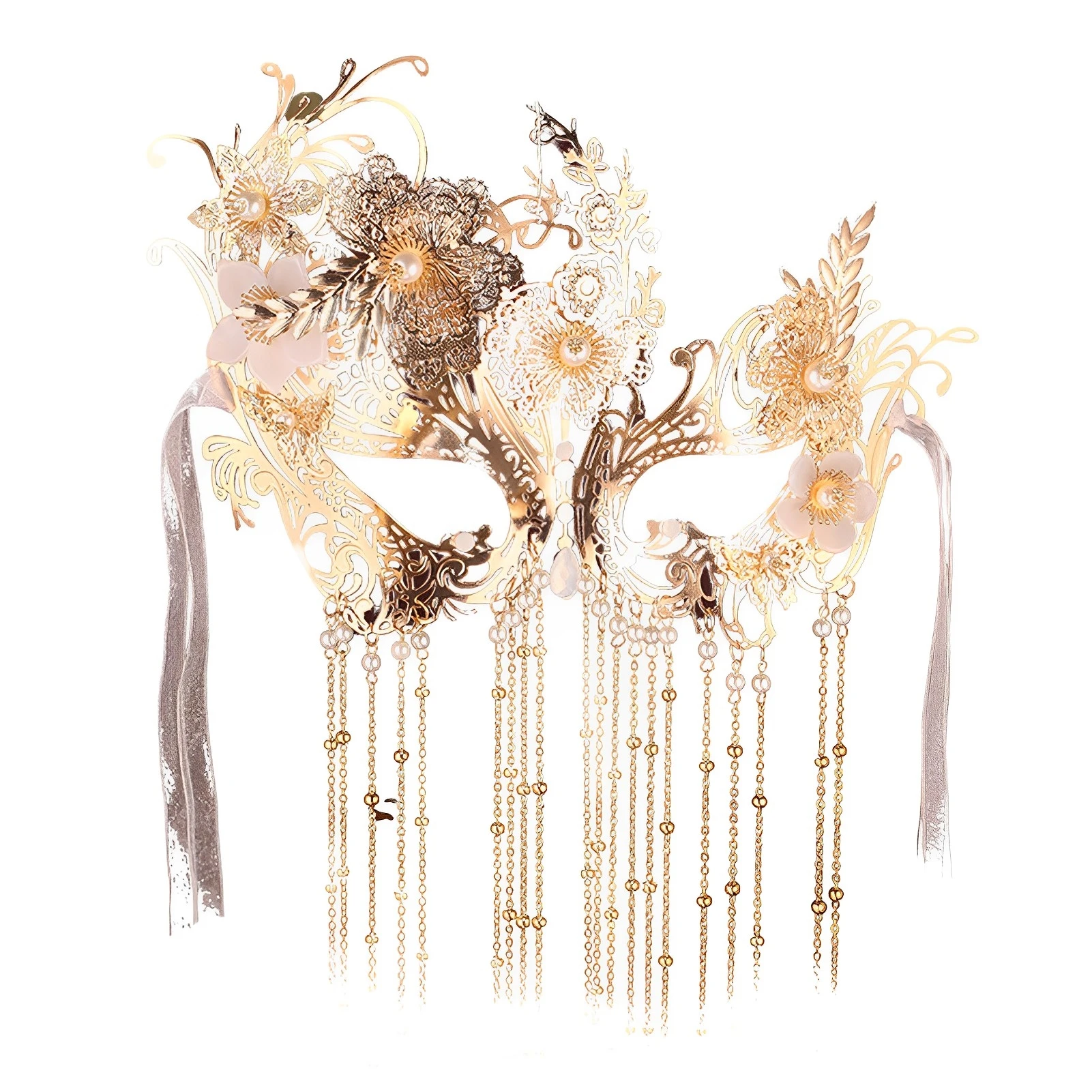Long Tassel Face Veil with Mask Sparkling Crystal Hollow Headwear Hair Ornaments for Stage Performance School Ball