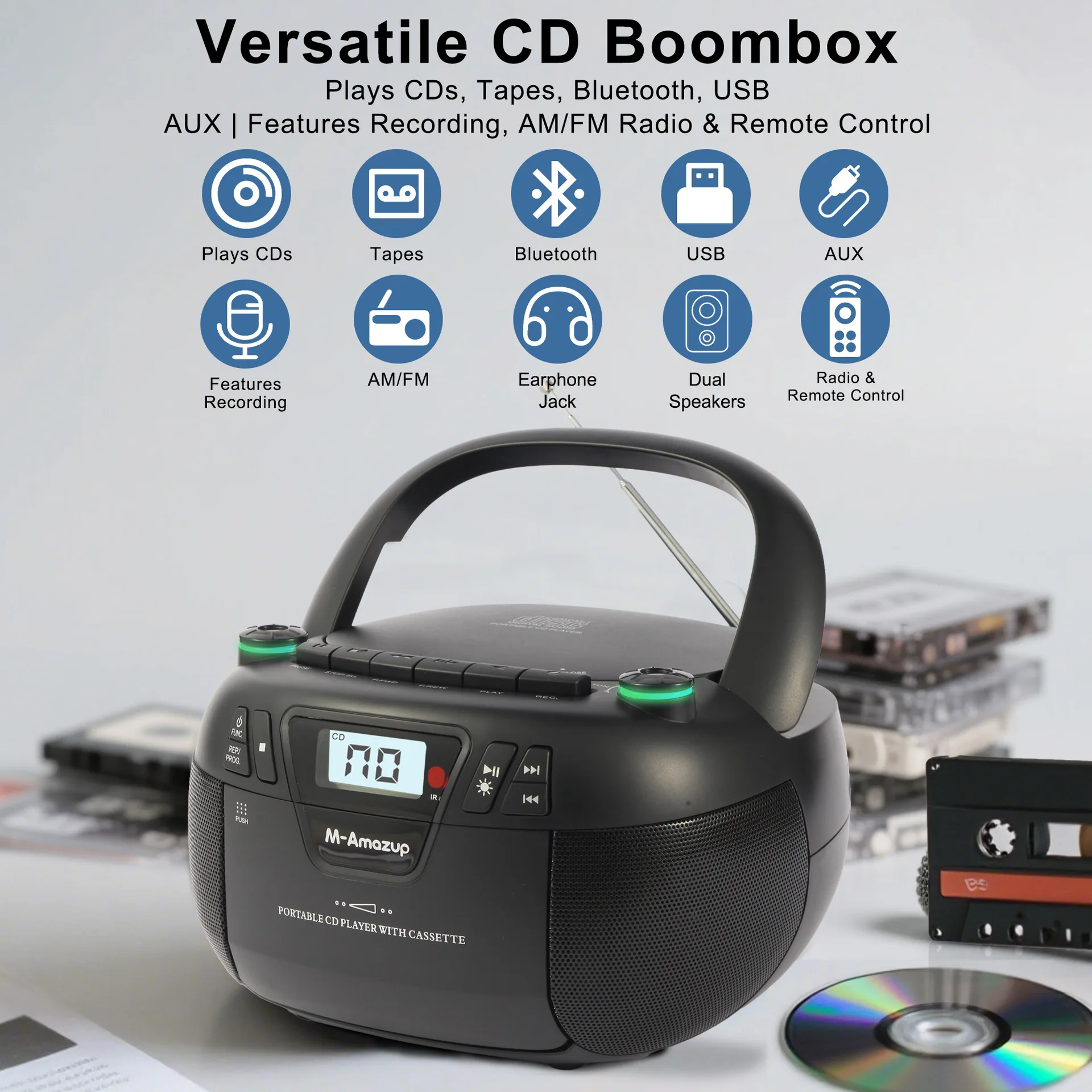 Portable Stereo Bluetooth CD Player Multifunctional with Cassette Tape USB AM/FM Radio Recording Function for Music Entertainmen