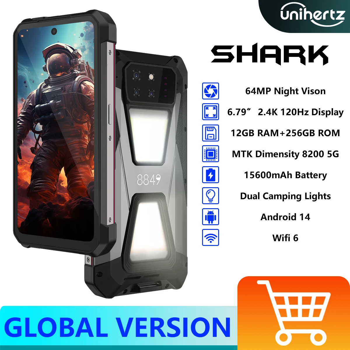 Unihertz 8849 SHARK Android 14 هاتف ذكي متين الأبعاد 8200 5G 6.79 "120 هرتز عرض 24 جيجابايت رام + 256 جيجابايت ROM 15600 مللي أمبير 66 واط NFC WiFi6