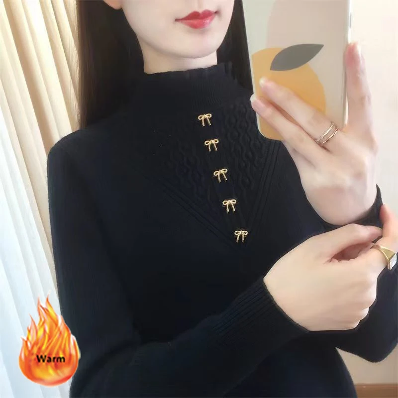 Ruffles Half Turtleneck Winter Sweater Women Korean Fashion Long Sleeve Knitted Top All Match Plus Velvet Knitwear Jumper Loose