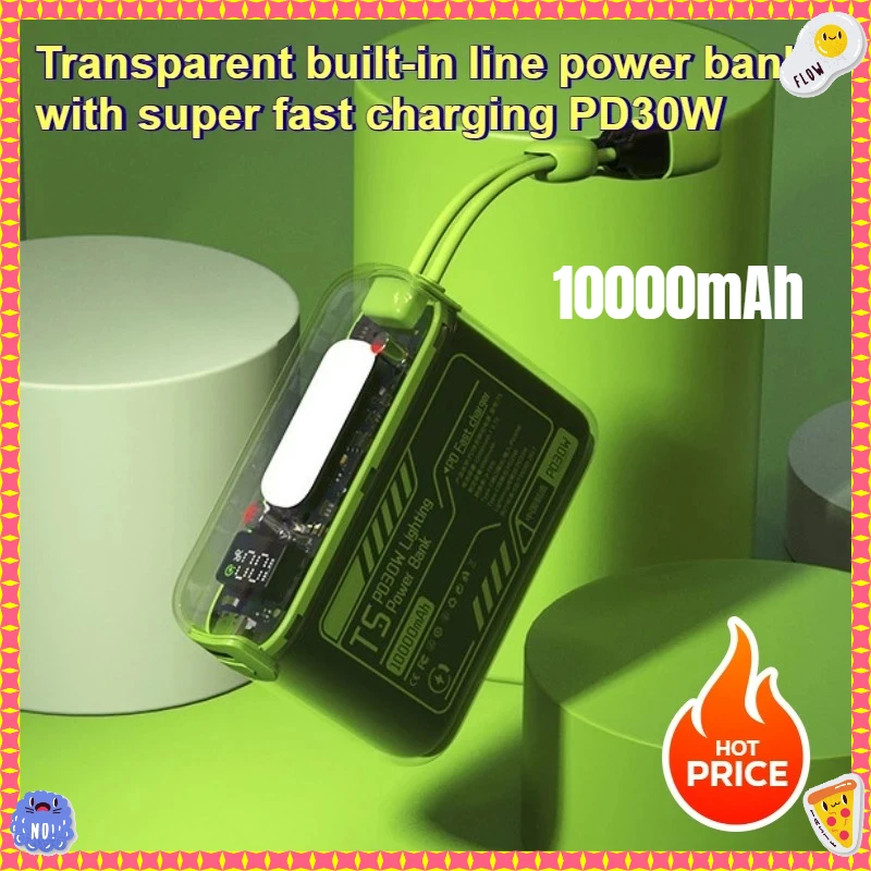 

Transparent Built-in Line Power Bank with Super Fast Charging PD30W Large Capacity 10000mAh Portable Mobile Power Source