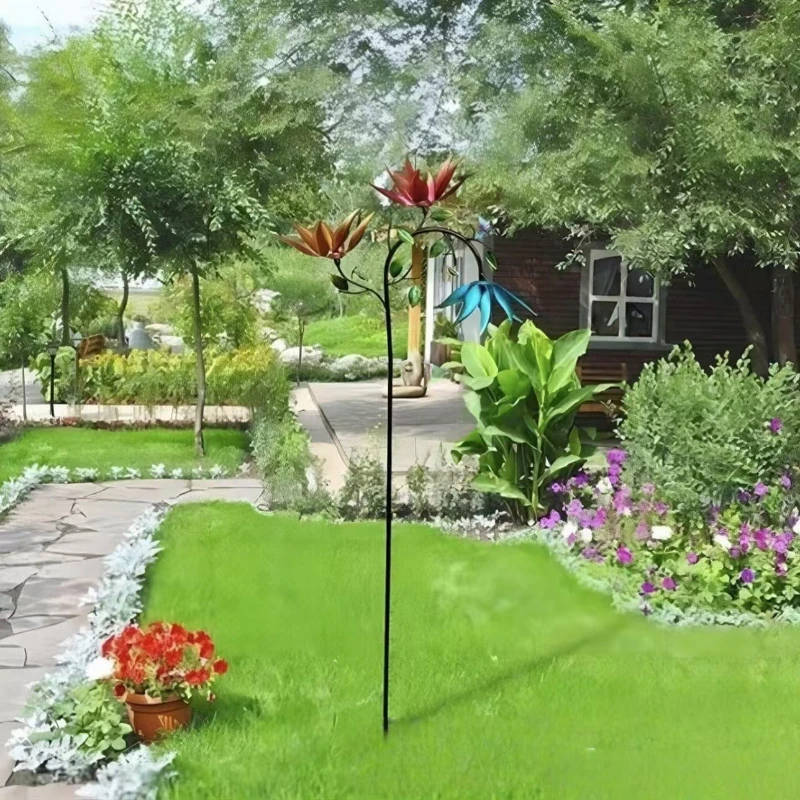 Large Seven Colors Metal Wind Spinner with Three Spinning Flowers Butterflies Windmill Decor Outdoor Yard Garden Art Decoration