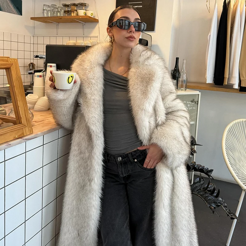 Neo Mint Slouchy Chic Gradient Long Eco Faux Fur Coat Women Winter Thick Warm Fluffy Fox Fur Jacket Brand Fashion Girls Overcoat