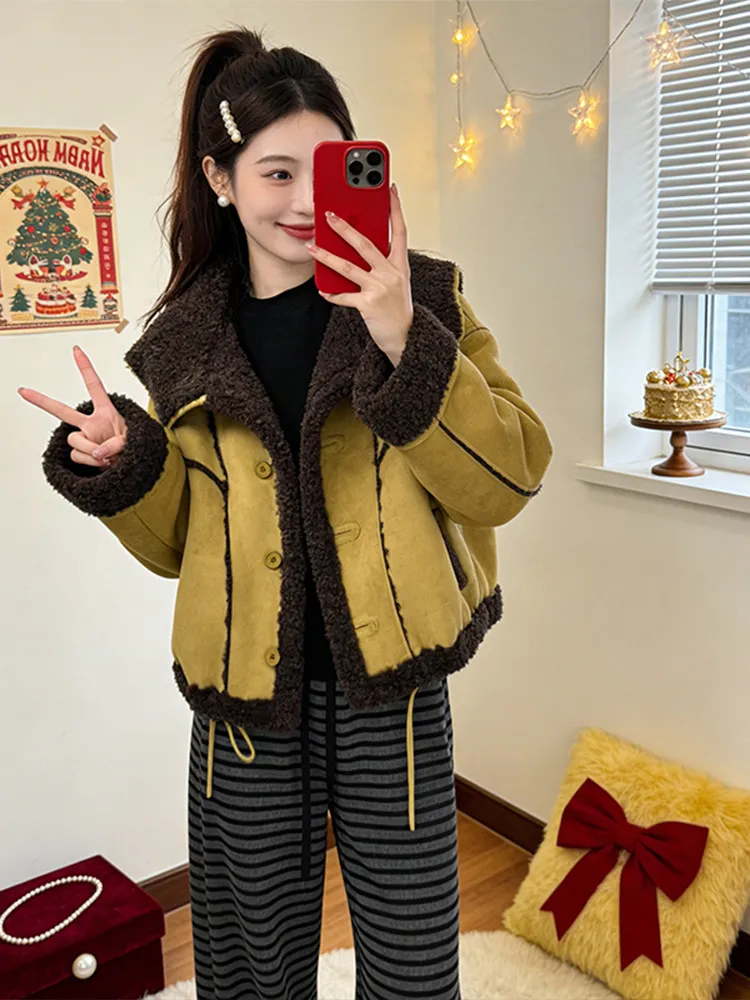 

Женская свободная теплая модная зимняя куртка из овечьей шерсти с длинными рукавами и застежкой на пуговицах для повседневной носки и работы