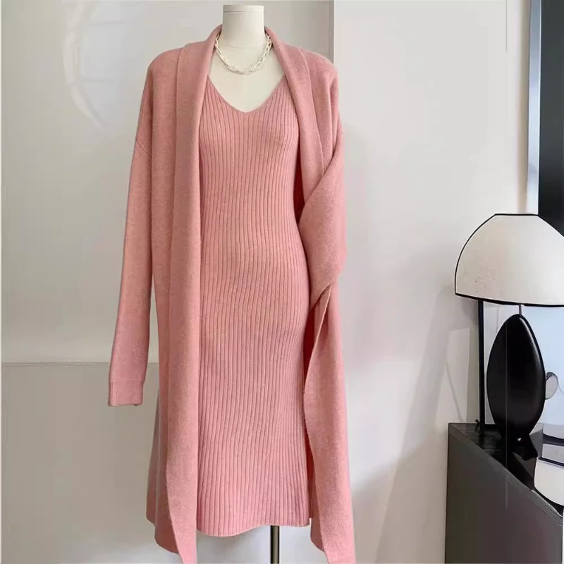 Fashion Ladies Two-piece Small Fragrant Style V-neck Dress Slim Knitted Suit Loose Cardigan Medium Elastic Temperament Suit Fit