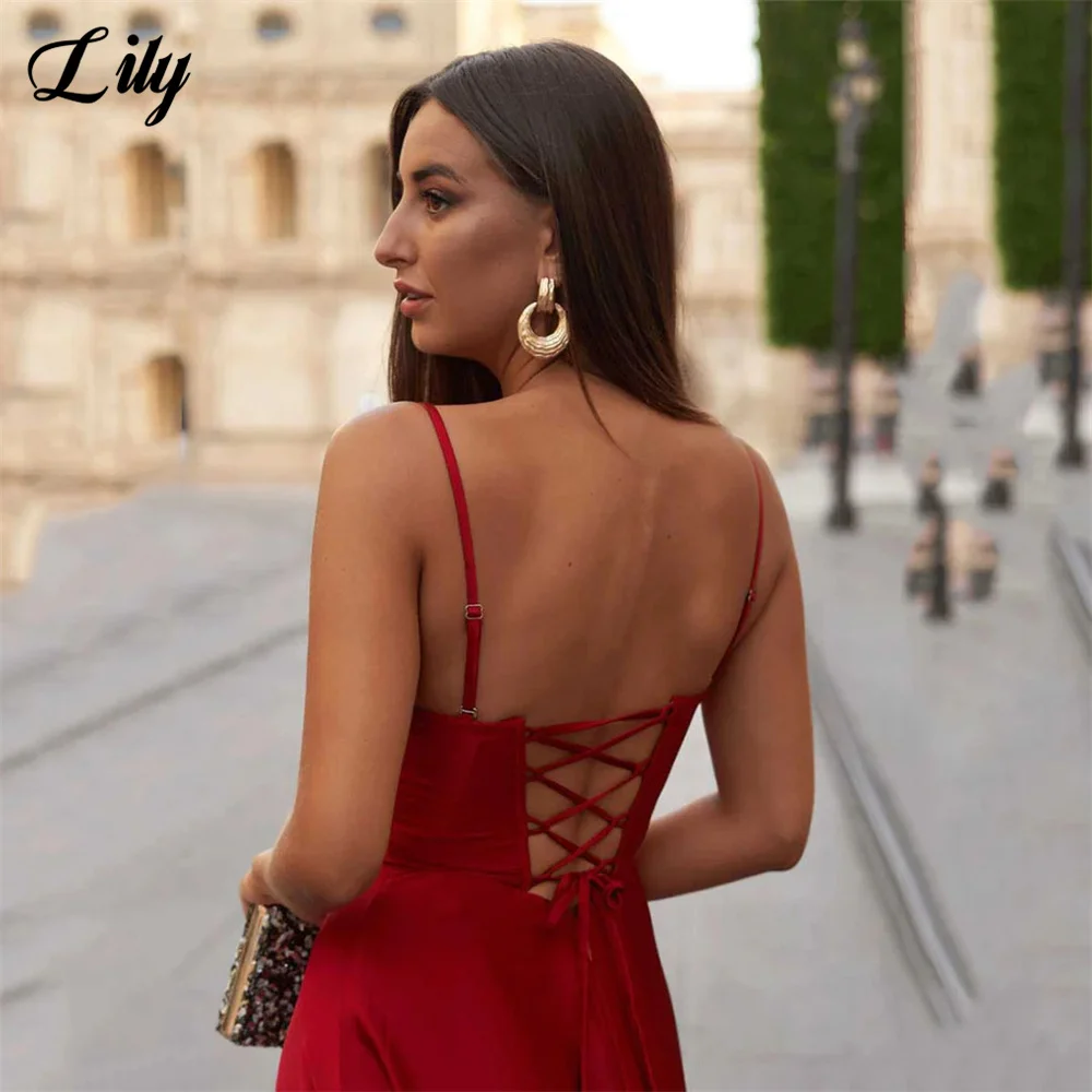 Lily Spaghetti Strap Red Prom Dresses Lace Up Back Evening Dresses Stain Simple A Line Prom Gowns Sweetheart вечерние платья