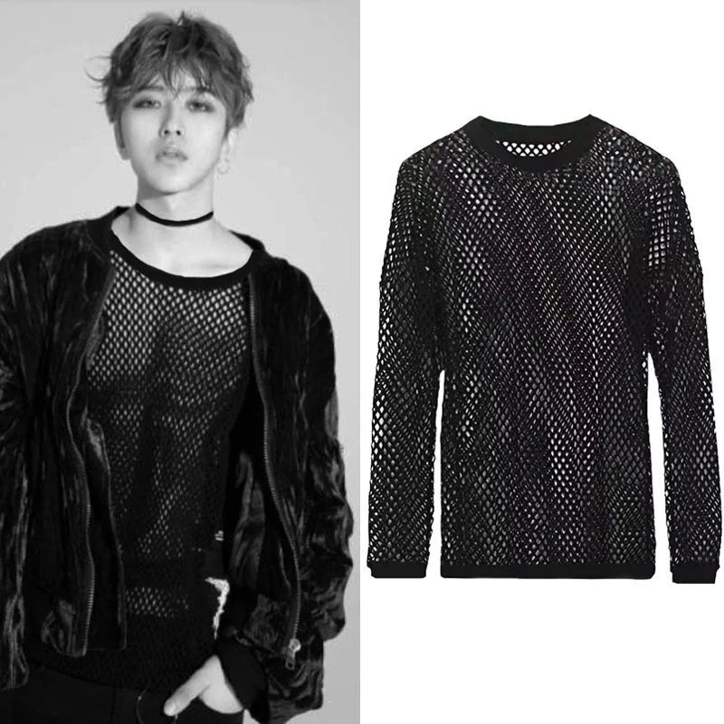 

Individualized large mesh hollow-out long-sleeved T-shirt for men and women The same type of dance man Cai Xukun The same type