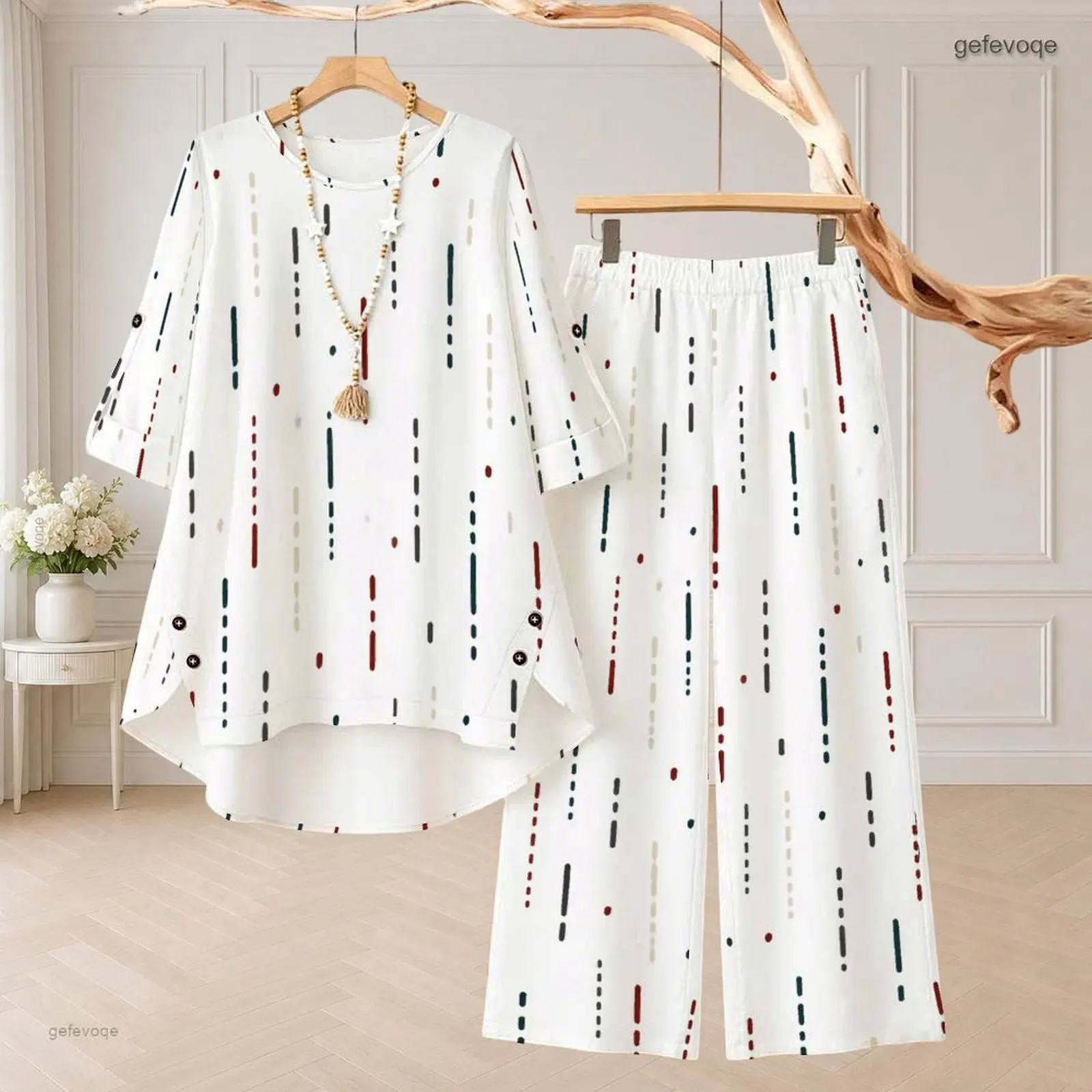 Women Abstract Black White Gray Printed Round Neck 3/4 Sleeve High Low Top and Long Pants Two Piece Set