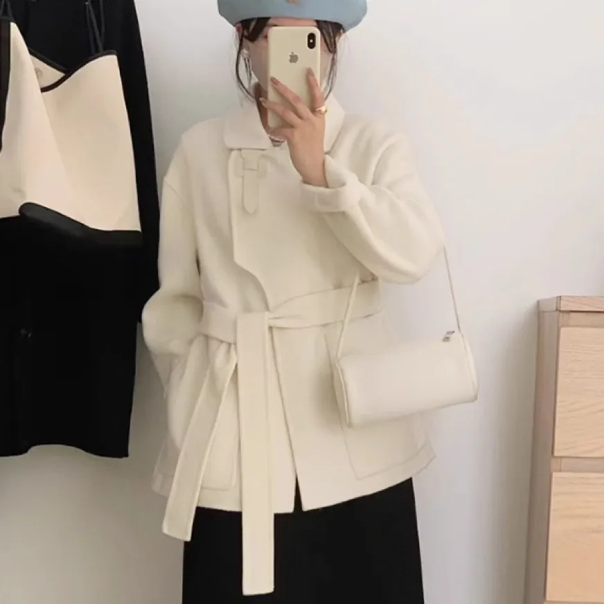 

00% Wool Double-Faced Jaet Coat Long Sve Turn-down Collar Medium Length Women's Premium Faion Autumn Outerwear