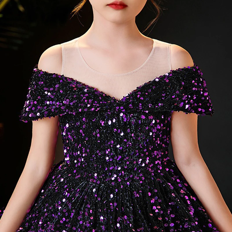 Little Girl Deep Purple Dresses Party and Wedding Summer 2023 Kids Birthday Evening Long Dress Sequin Luxury Gowns Child Costume