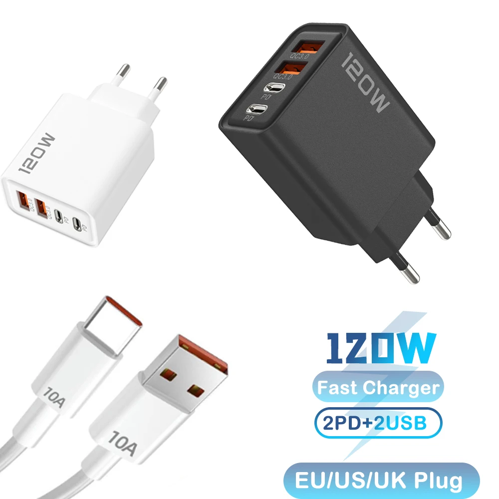 120W Total Fast Charging PD Quick Charge 4-Port USB C Wall Adapter for iPhone Xiaomi 14 Huawei Redmi OnePlus Compact Safe Design