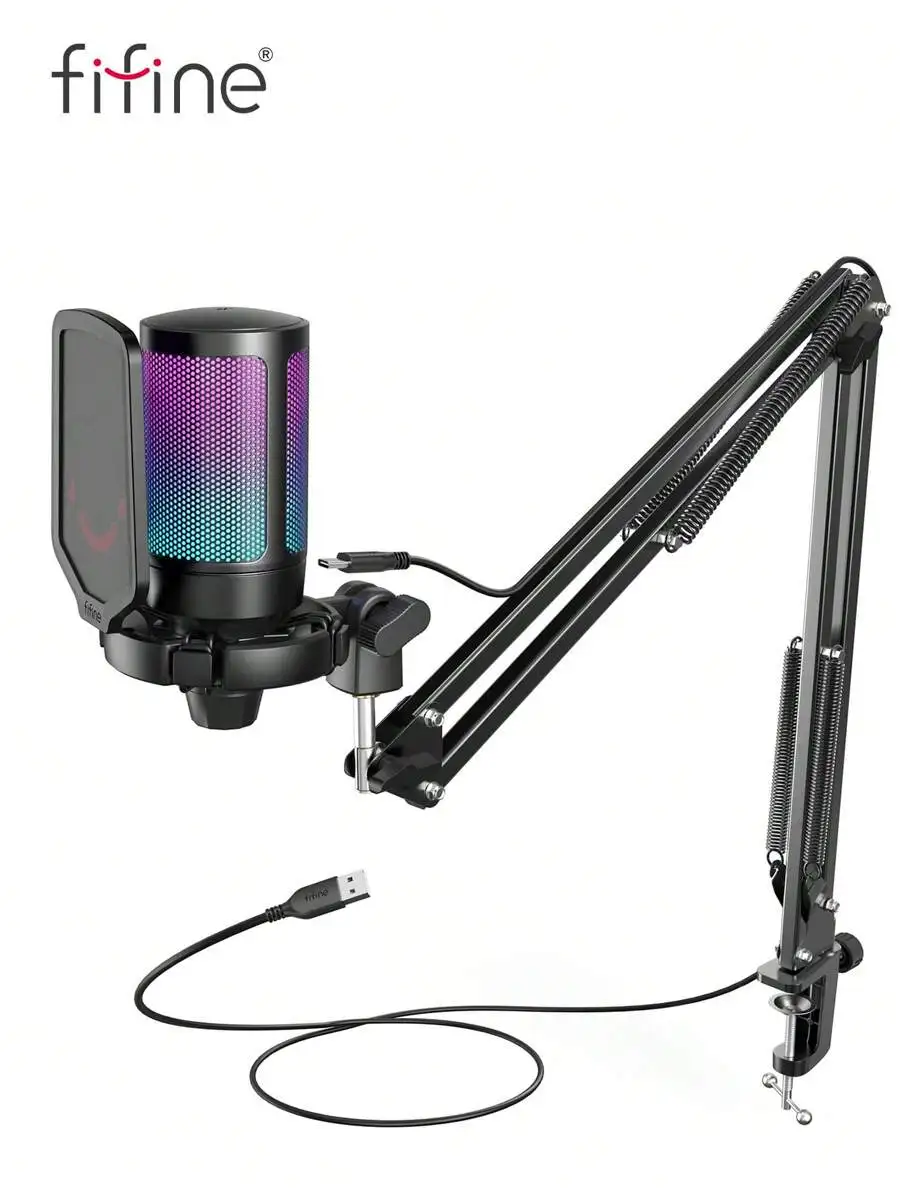 Gaming computer USB microphone, podcast condenser microphone, with arm stand, pop filter, and mute button, suitable for live streaming, video recording, Twitch, online chatting, RGB computer microphone, compatible with PC gamers