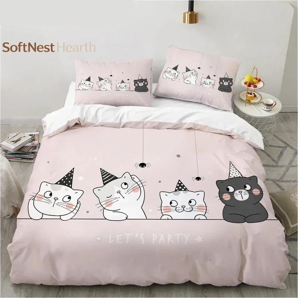2026 Cartoon Cat And Fish Bedding Set,Duvet Cover Comforter Bed Set Quilt Cover Pillowcase,King Queen Twin Size Boys Girls Adult