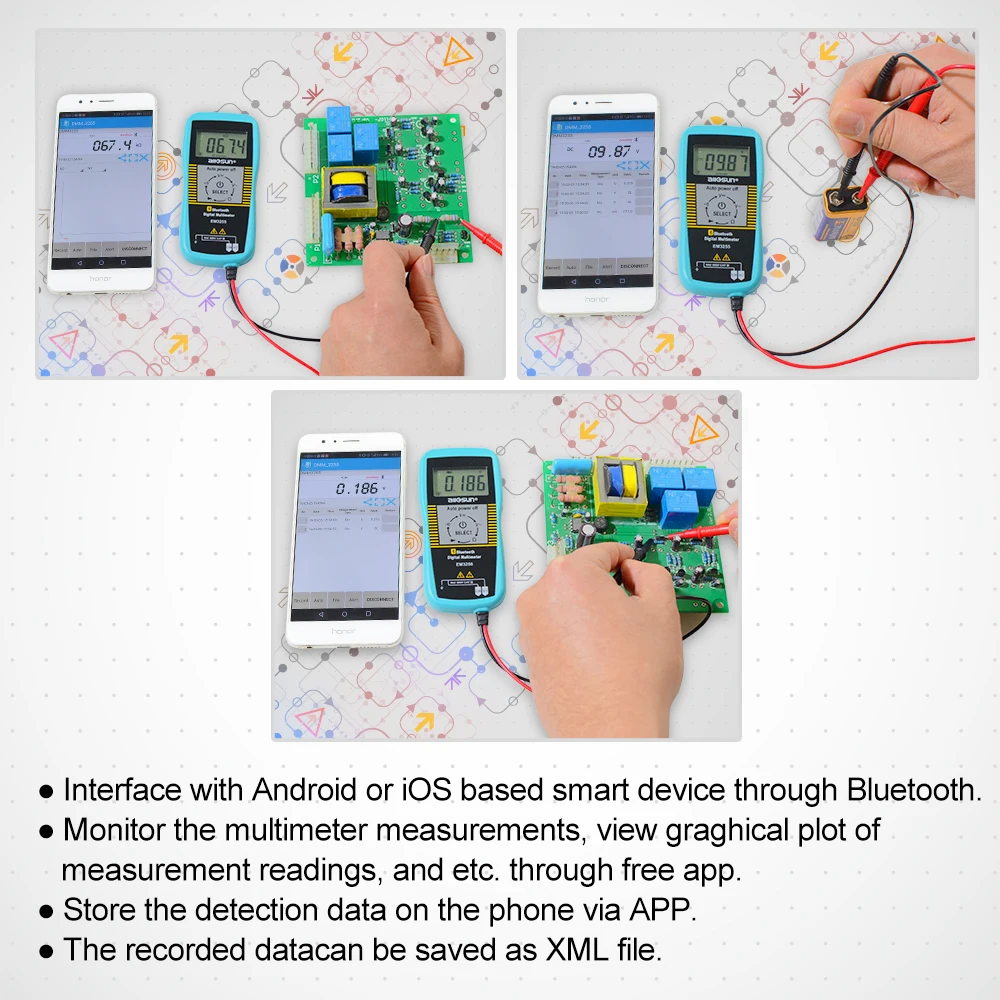 Kieszonkowy automatyczny multimetr cyfrowy kompatybilny z Bluetooth pomiar napięcia DC i AC, rezystancji, diody i ciągłości All-sun EM3255