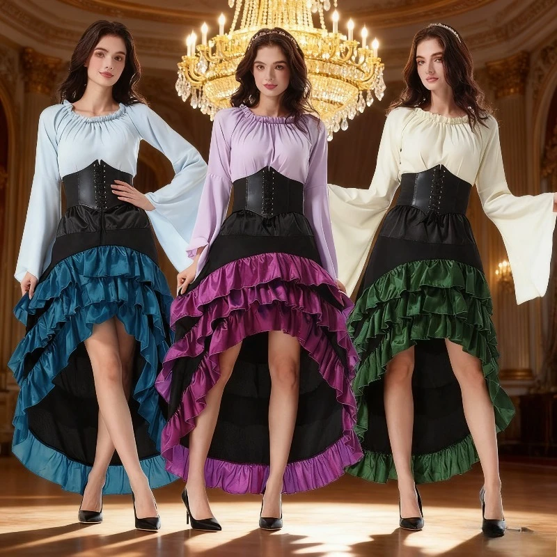 

Photography Clothing Medieval Dress Short Front Long Back Pirate Suit with Ruffles and Tight Corset Renaissance Carnival Costume