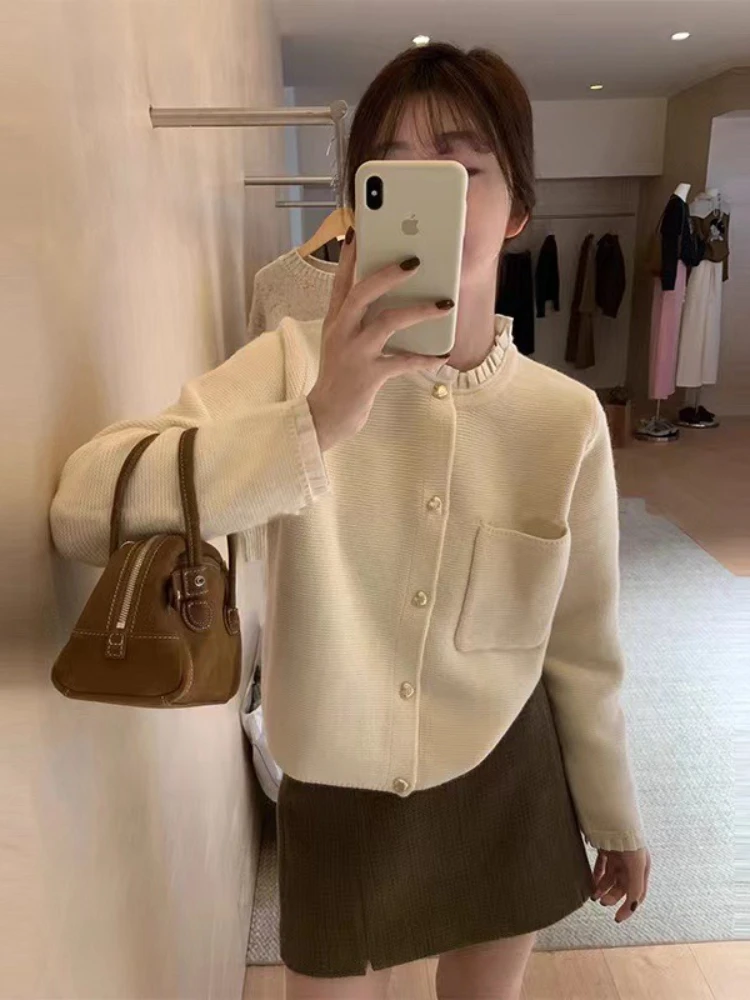 Camisola de renda plissada feminina jaqueta botão para baixo malha senhora coreano outono primavera malha único breasted cardigan suéteres