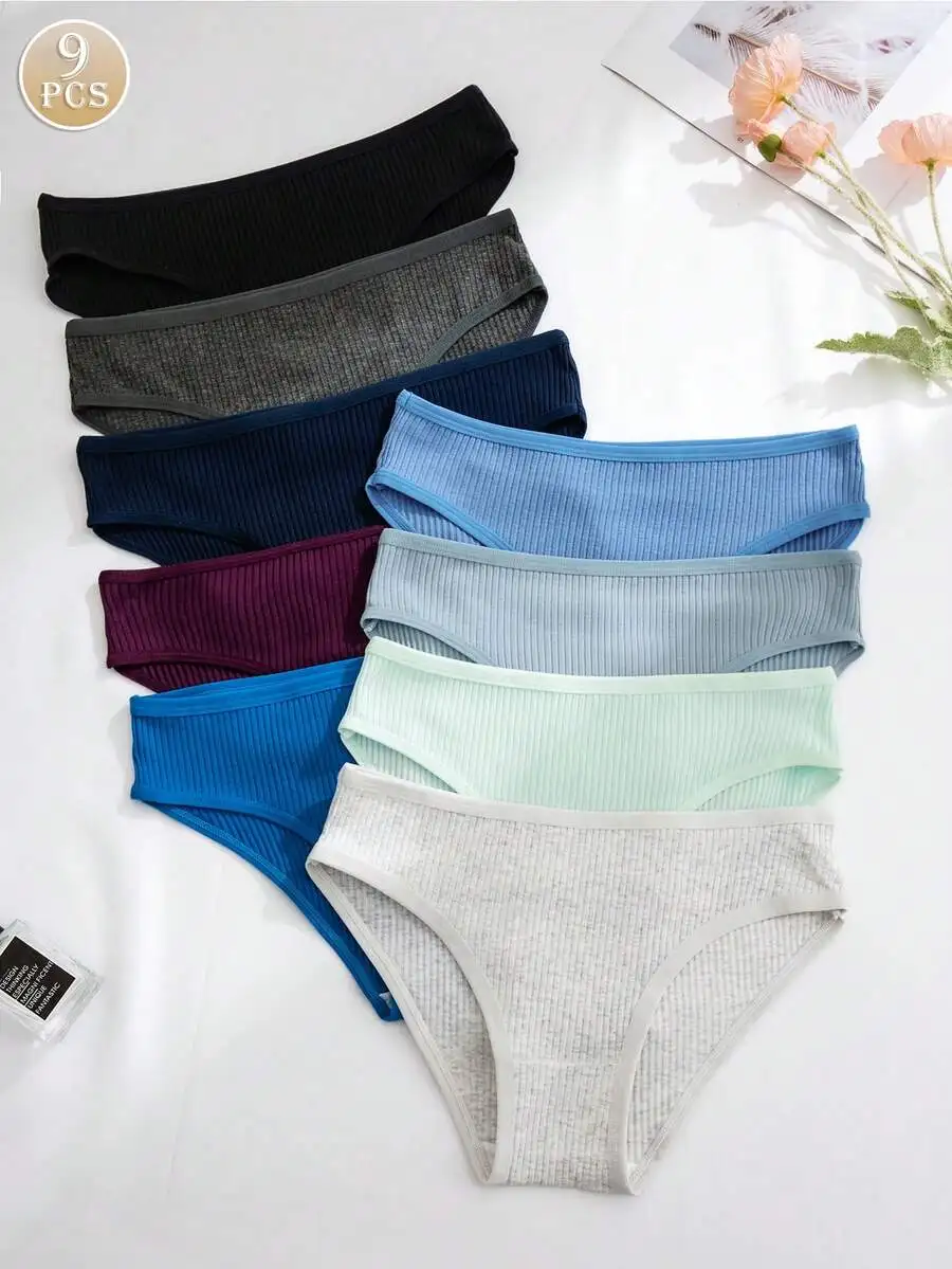 

9 Pcs Women Solid Color Ribbed Comfortable Briefs Underwear