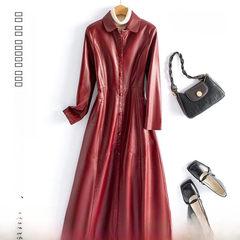 

Haining eepskin Long Coat Women's Slim Fit Real Leather Windbreaker over Knee Korean Sle Spring Autumn New Arrival