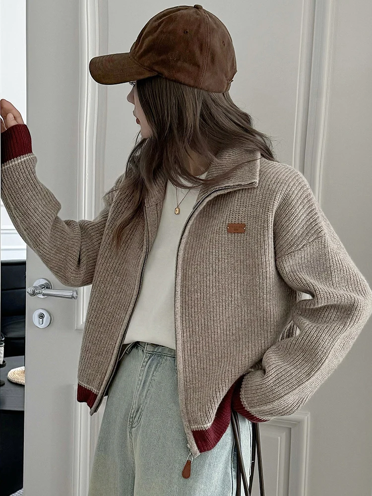 Autumn Winter Women 100% Merino Wool Cardigan Sweater Clashing Color Zipper Cashmere Knit Versatile Warm Long Sleeve Jackets