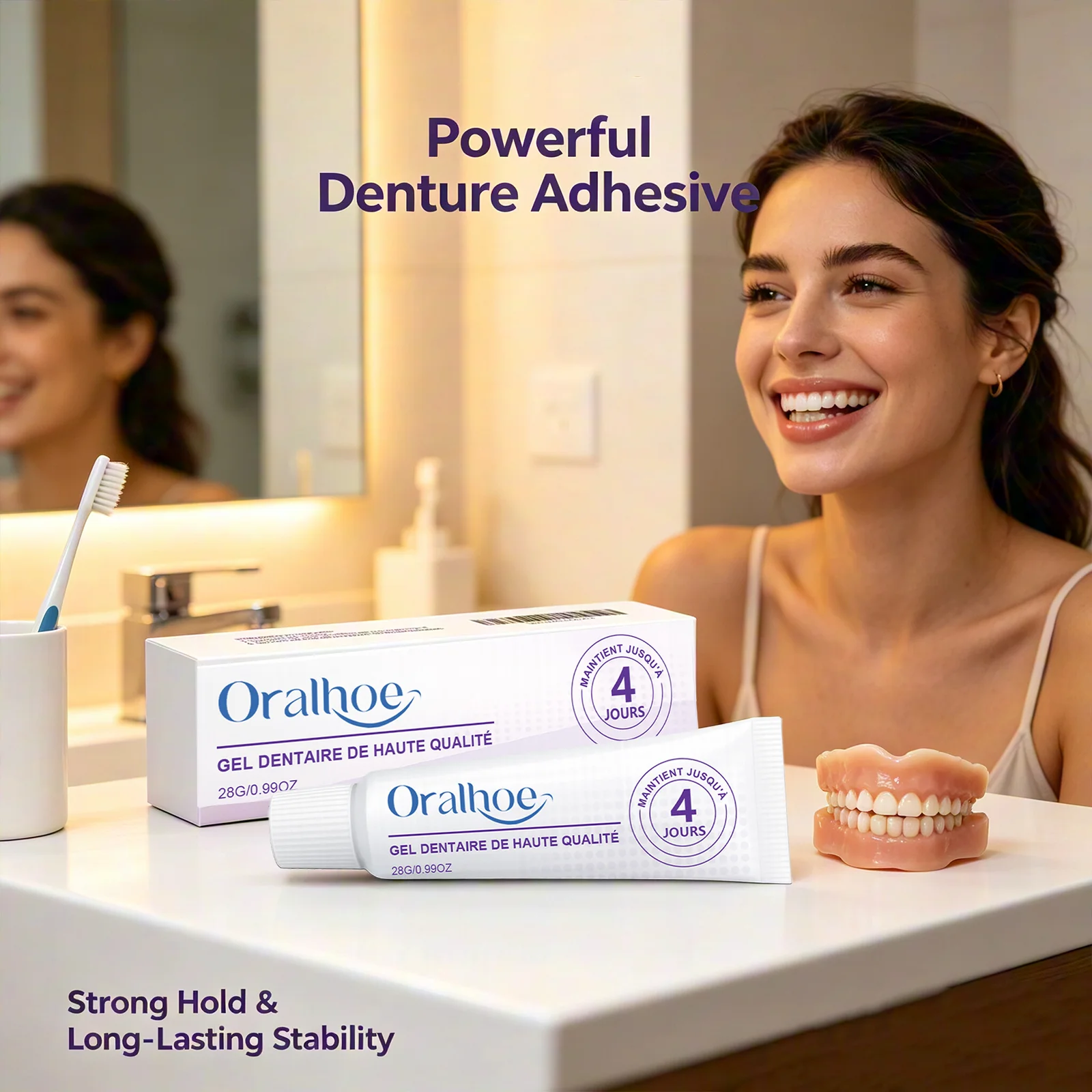 Oralhoe Denture Adhesive Long Lasting Fixation Denture Glue for False Teeth Denture Care Comfortable Portable Denture Fixing Gel