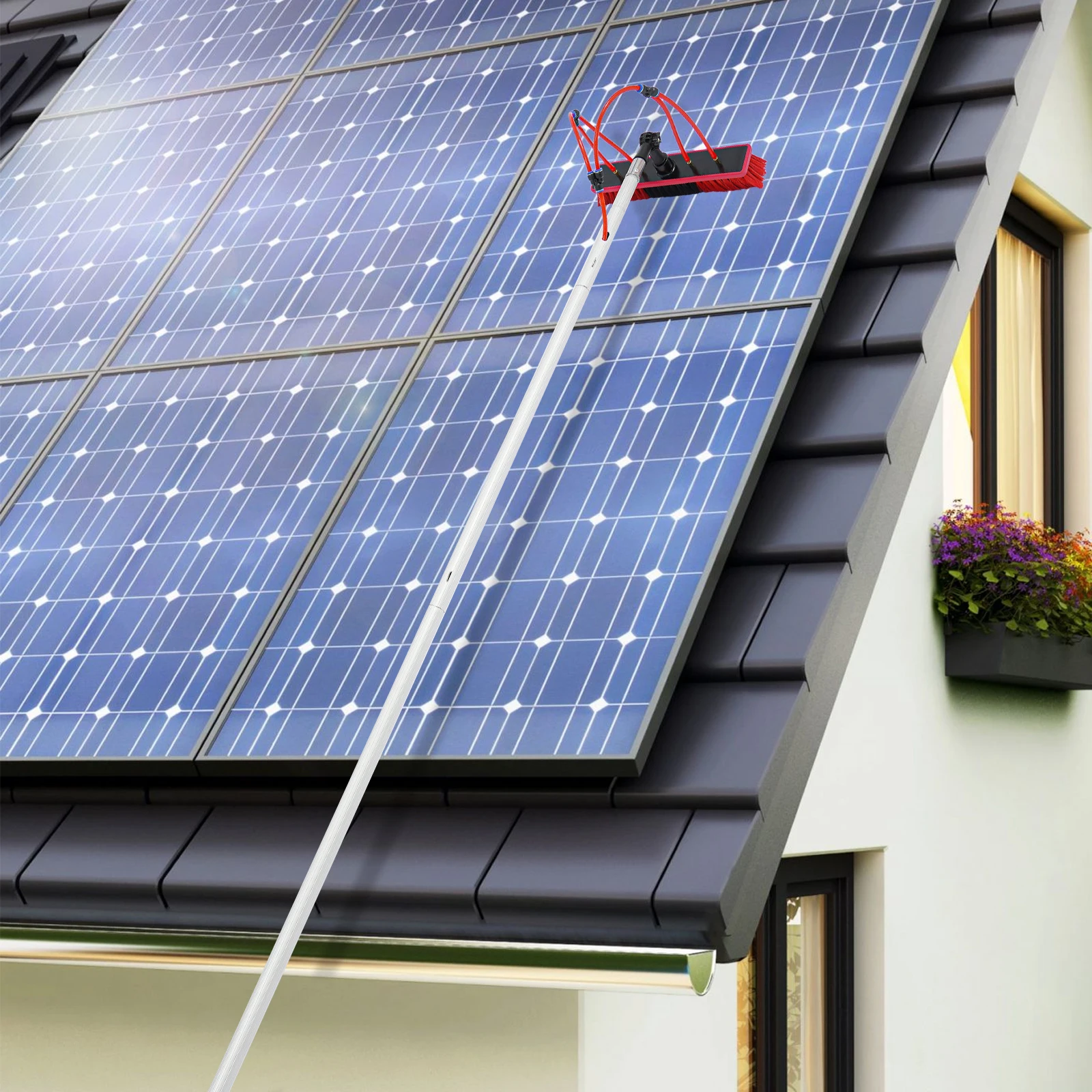 Solar Panel Cleaning Brush, 5m Telescopic Pole, 35cm Soft Brush, Water Fed System, for Solar Panel Window Cleaning, With 20m Hose Kit, Durable Aluminum
