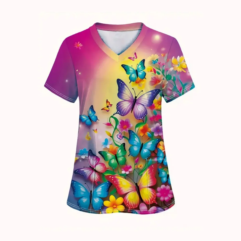 

Clinical Uniform Woman Elegant Butterfly Print Summer Microelastic V-Neck Health Care Fashion Short Sleeve Tops Medical Clothes