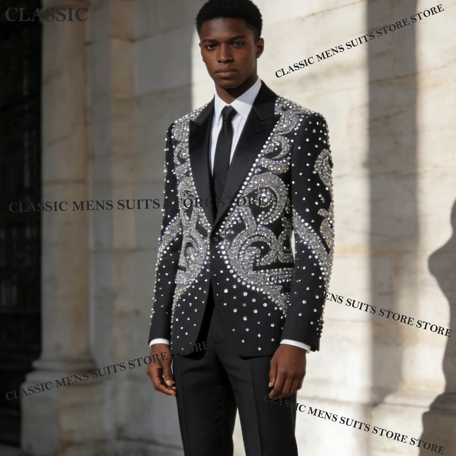 

Glitter Customized Tuxedos Men Suits Exquisite Diamond Decoration Peaked Lapel Groom 2 Pieces Set Wedding Male Prom Blazers suit