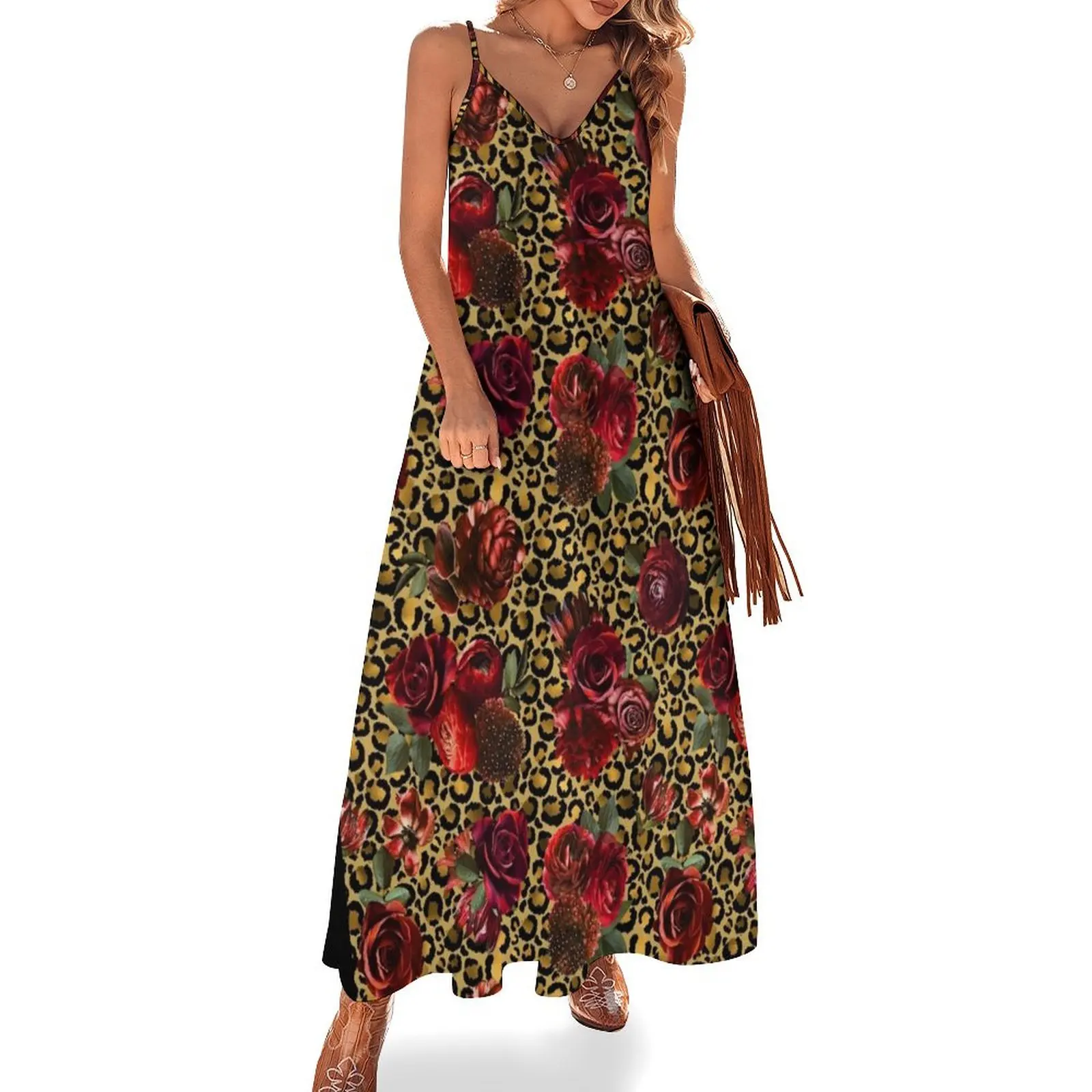 

Red Roses on Leopard Sleeveless Dress Elegant gowns elegant women's dresses for wedding beach dress Dresses Dress