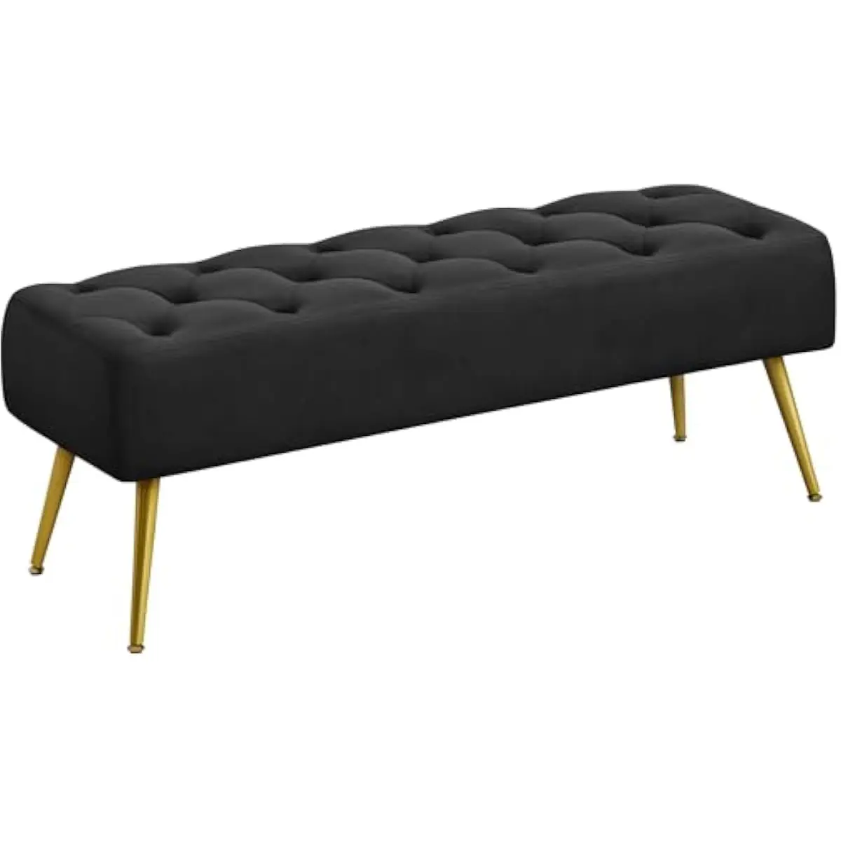 45 inch velvet-upholstered modern ottoman bench with slender gold-tone metal legs and tufted high-density foam cushion — sleek b