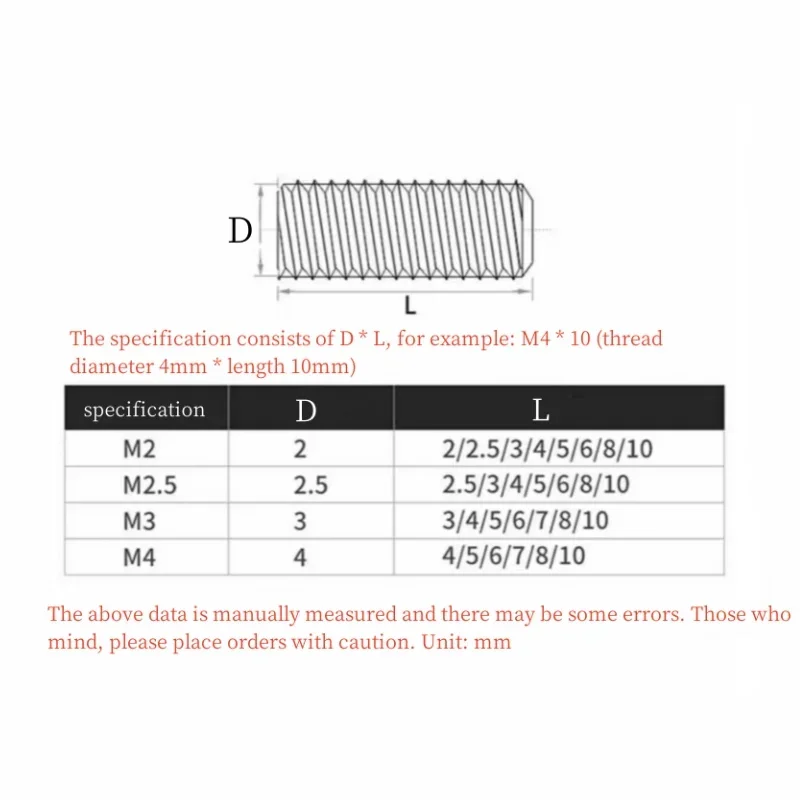 M2 M2.5 M3 M4 304 Stainless Steel Grub Screw Phillips Head Screw Flat Point Set Grub Screw Headless Set Screws Bolt
