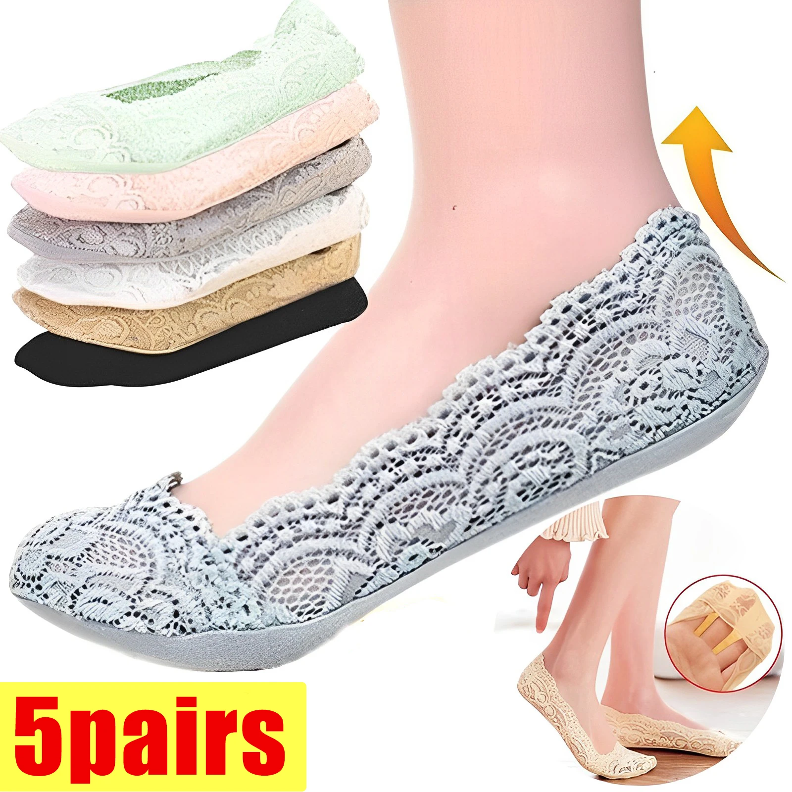 5pairs  Lace Flower Short Socks Women Summer Silicone Non-slip Ankle Socks Invisible Slipper Cotton Hollow Boat Socks Female