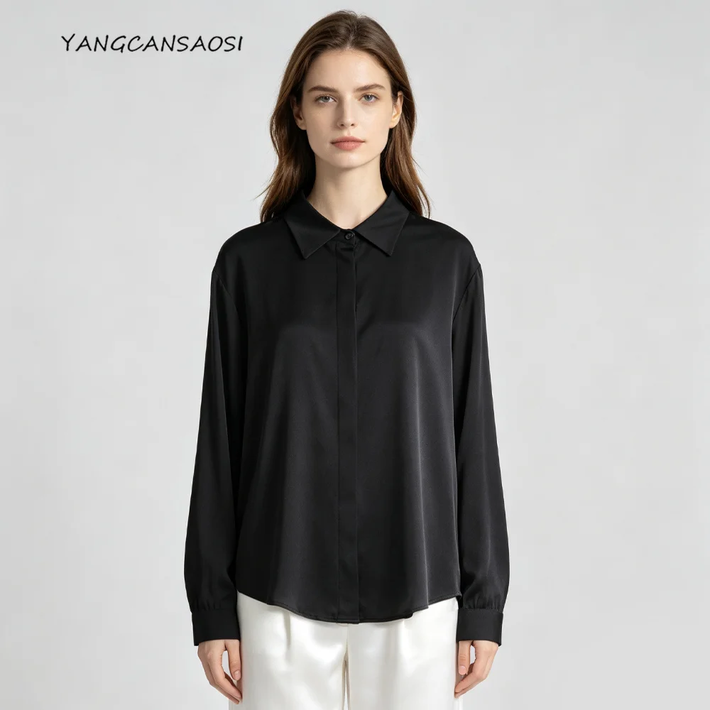 Camisa de manga larga para mujer, de satén elástico de seda de morera natural al 92%, estilo versátil para el día a día, talla grande, color negro, sencilla.